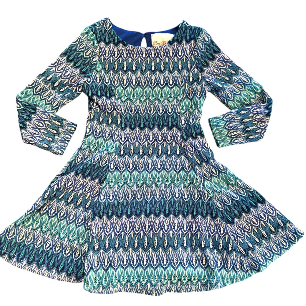 Rare Editions Girls‎ Blue Green Geometric Lace Long Sleeve Dress Size 5 F316836